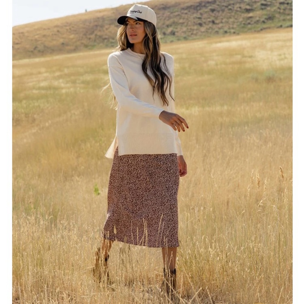 Roolee Cream Sweater with Brown Midi Skirt